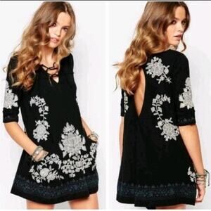 Free People Talia Dress Small, Black and Cream, Embroidered Tie Front, Open Back
